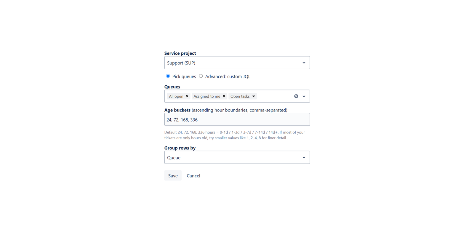The gadget configuration form showing service project, queue selection, age buckets, and grouping options.