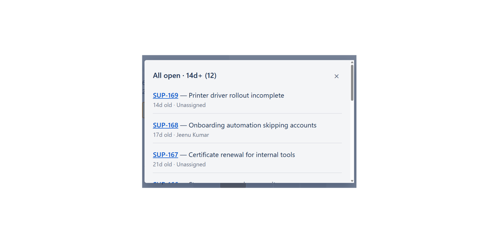 The drill-down panel listing individual tickets from the oldest age bucket, each with its key, summary, age and assignee.